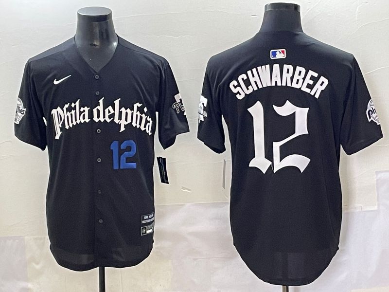 Men 2025 Philadelphia Phillies #12 Schwarber Black Five generations Joint Name Nike MLB Jersey style 3